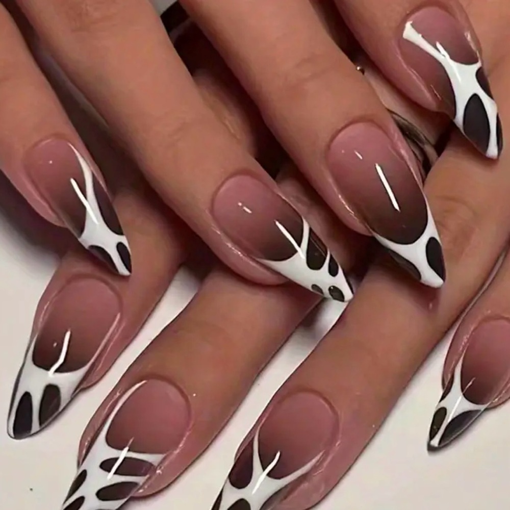 Brand New 24-Piece Black Gradient Press-On Nails with White Abstract Design